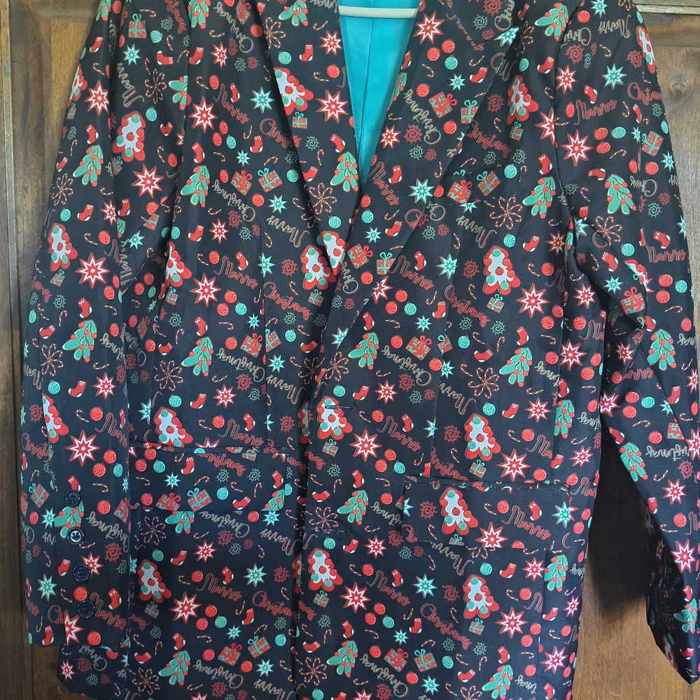 Men's Christmas suit, Pants, Tie. Size Small Festive Holiday Patterned Blazer